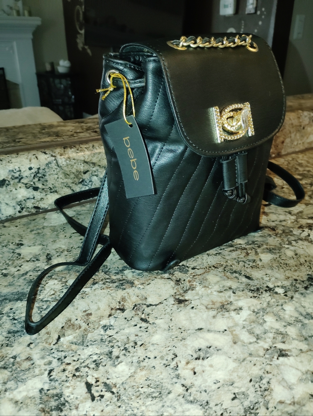 bebe Black Quilted Backpack with Gold Chain Accent. Brand New With Tags - Picture 2 of 7